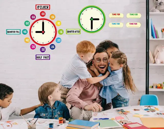 Alt view image 2 of 7 - D24TIME 34Pcs Telling Time Bulletin Board Set for Kid Learning to Tell Time | Paper Telling Time Teaching Practice Clock for Elementary Preschool Classroom supplies Teachers Back to School Must Haves