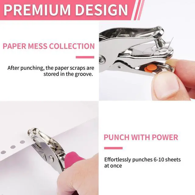 Alt view image 4 of 7 - Single Hole Punch, 2 Pcs Hole Puncher, 1/4" and 1/8" Small Paper Punch | Hand Hole Puncher with Soft Grip Handle, Small Hole Paper Punch for Crafts, Scrapbooks, 6 Sheets Capacity, Tags, Tickets