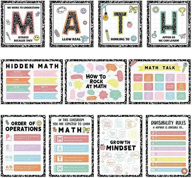 Main image of Gilprop 11 Pcs Composition Notebook Math Poster for Classroom Pastel Math Educational Poster Funny Mathematics Bulletin Board Set Wall Decoration for Elementary Middle High School Teacher Supplies