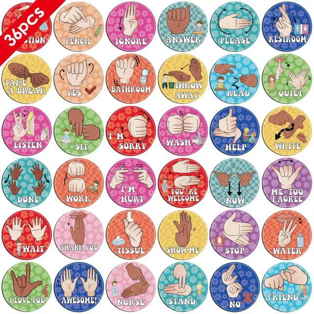 Main image of ASL Classroom Hand Signal Cards - 36 Classroom Hand Signal Decor Sign Language Posters for Teachers Students Visual Cues (Retro Groovy)