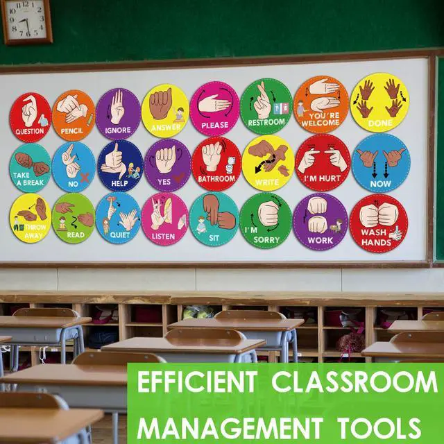 Alt view image 7 of 7 - ASL Classroom Hand Signal Cards - 36 Classroom Hand Signal Decor Sign Language Posters for Teachers Students Visual Cues (Retro Groovy)