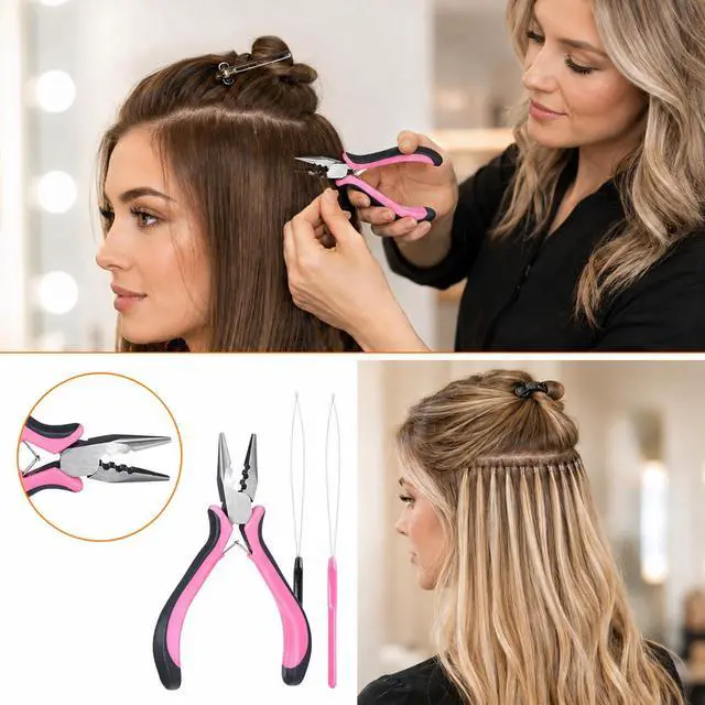 Alt view image 5 of 7 - XLIUAX Micro Link & Nano Bead Tool Kit (Pink) | Professional 3 Holes ITIP Extensions Tools Kit with 2Pcs Bead Threader (Pink, Wood & Stainless Steel)