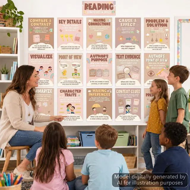 Alt view image 6 of 7 - 21Pcs Boho Reading Strategies Posters Decor for Classroom Reading Comprehension Bulletin Board Boho Literacy Read Skills English Posters for Elementary Middle High School Library Teacher Supplies