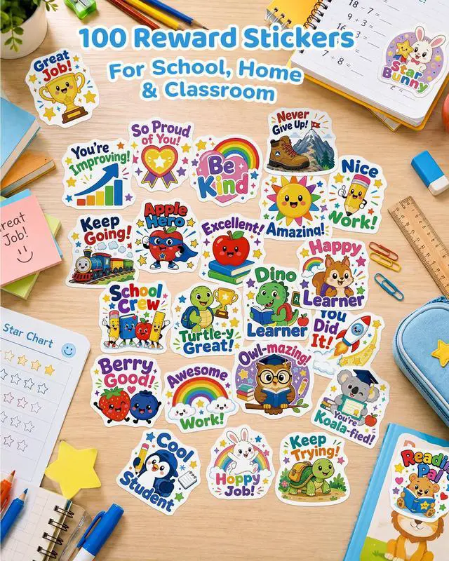 Alt view image 2 of 7 - JCFIRE 100PCS Back to School Stickers for Kids Teacher Supplies | Cute Waterproof Vinyl Reward Stickers for Classroom Decor, Teacher Must Haves & School Supplies for Kids