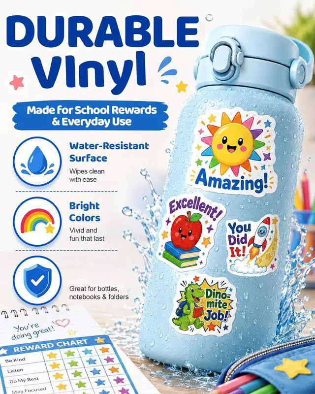 Alt view image 7 of 7 - JCFIRE 100PCS Back to School Stickers for Kids Teacher Supplies | Cute Waterproof Vinyl Reward Stickers for Classroom Decor, Teacher Must Haves & School Supplies for Kids