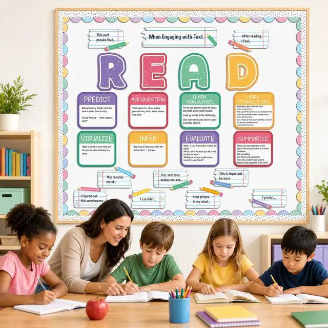 Alt view image 7 of 7 - Reading Strategies Bulletin Board Set Reading Posters for Classroom Pastel | Pencil Notebook Cutouts, Reading Classroom Decor for Back to School Library, Wall, Middle HighTeacher Supplies