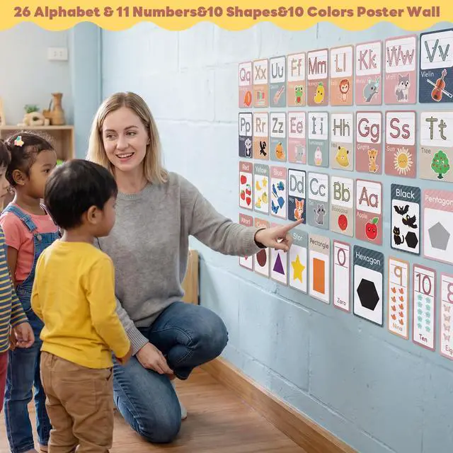 Alt view image 4 of 7 - BESARME 57 Pcs Boho Alphabet for Classroom Wall Bulletin Board | ABC Alphabet Poster, Number 0-10 Shape Color Poster, School Classroom Decor Home Supplies