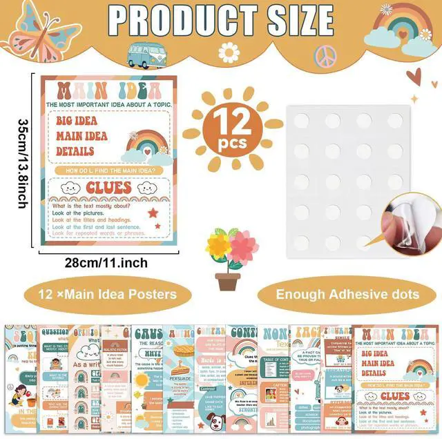 Alt view image 2 of 7 - QOUBAI 12pcs Reading Comprehension Posters Groovy Hippie Classroom Decor | English Language Bulletin Board, Reading Corner Poster, for Elementary Middle High School, Classroom Must Haves