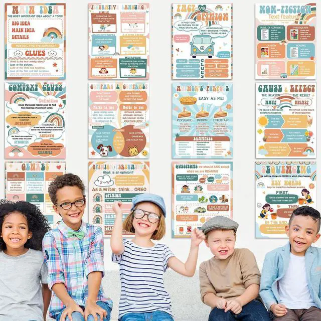 Alt view image 4 of 7 - QOUBAI 12pcs Reading Comprehension Posters Groovy Hippie Classroom Decor | English Language Bulletin Board, Reading Corner Poster, for Elementary Middle High School, Classroom Must Haves