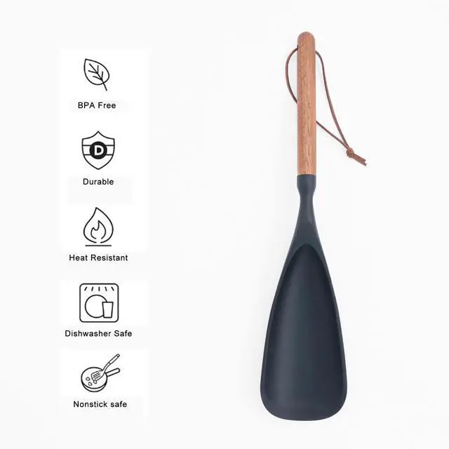 Alt view image 2 of 5 - Cooking Spoon for Nonstick Cookwares, Multifunction Spatula Spoon, Great for Both Cooking and Serving, Durable BPA-Free Matte Black Silicone, Wood Handle Spoon, Safe for Nonstick Cooking Surfaces