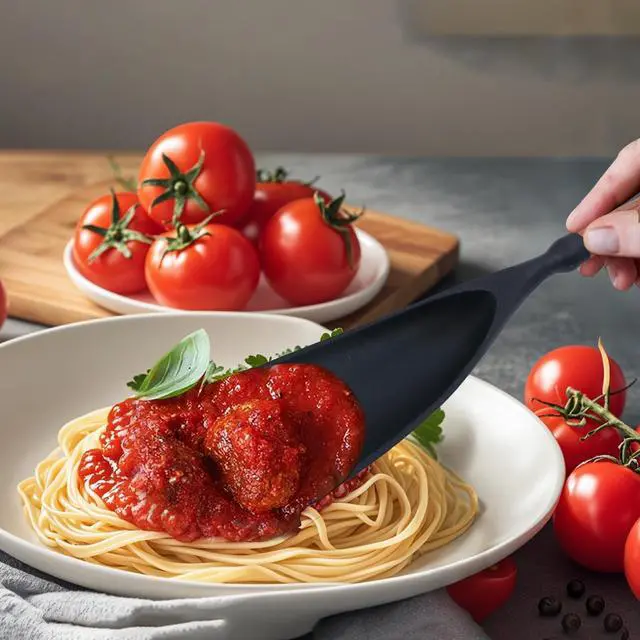 Alt view image 3 of 5 - Cooking Spoon for Nonstick Cookwares, Multifunction Spatula Spoon, Great for Both Cooking and Serving, Durable BPA-Free Matte Black Silicone, Wood Handle Spoon, Safe for Nonstick Cooking Surfaces