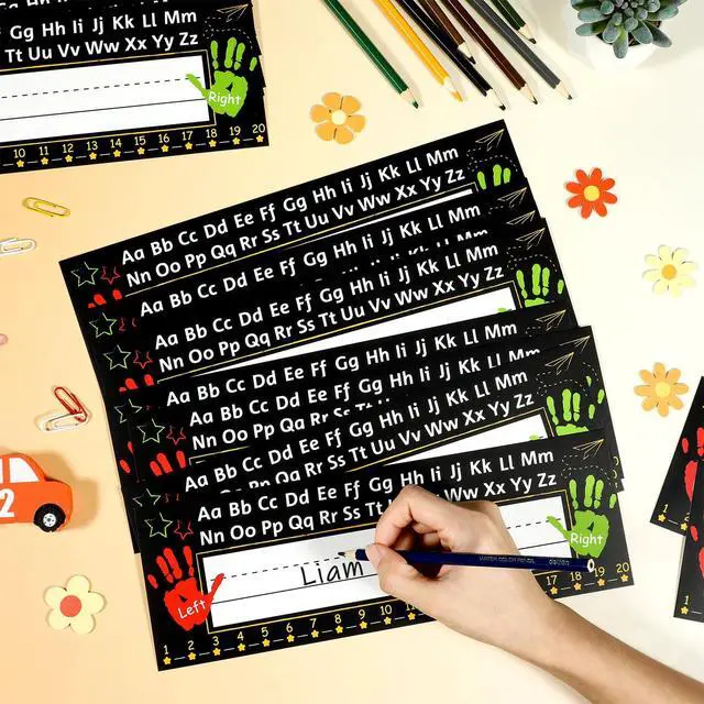 Alt view image 4 of 7 - 36Pcs Black Desk Name Tags for Classroom Traditional Manuscript Student Name Plate Black Desk Labels with Alphabet Number for Kindergarten Preschool Back to School Classroom Decoration