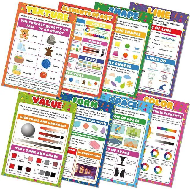 Main image of 8Pcs Art Posters Elements of Art Principles of Design Classroom Decorations Arts Classroom Poster for Student Teacher Supplies Elementary Middle School High School Must Haves 15.7 x 11in