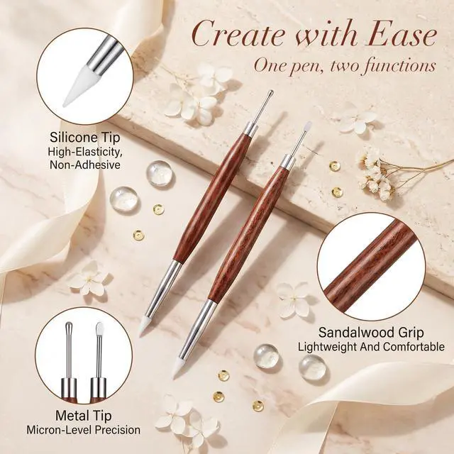 Alt view image 3 of 7 - 2 Pcs Nail Art Sculpture Pen, Silicone Nail Tools Dual-Ended | Stainless Steel 3D Gel Picker Foil Carving Drawing Shaping Brush for Acrylic Nail Design Salon Professional Manicure Tools