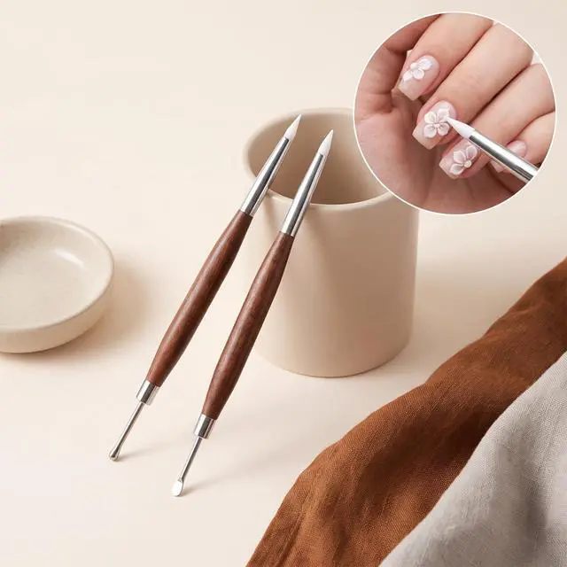 Alt view image 4 of 7 - 2 Pcs Nail Art Sculpture Pen, Silicone Nail Tools Dual-Ended | Stainless Steel 3D Gel Picker Foil Carving Drawing Shaping Brush for Acrylic Nail Design Salon Professional Manicure Tools