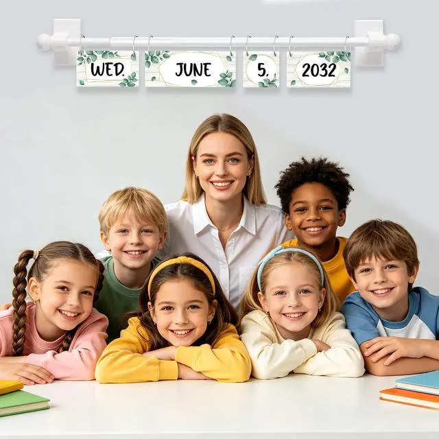 Alt view image 4 of 7 - Eucalyptus Flip Calendar Bulletin Board Set for Classroom Decorations,Classroom Calendar Flip Chart With 57 Date Cards for Home Back to School Classroom Decoration Teacher Supplies