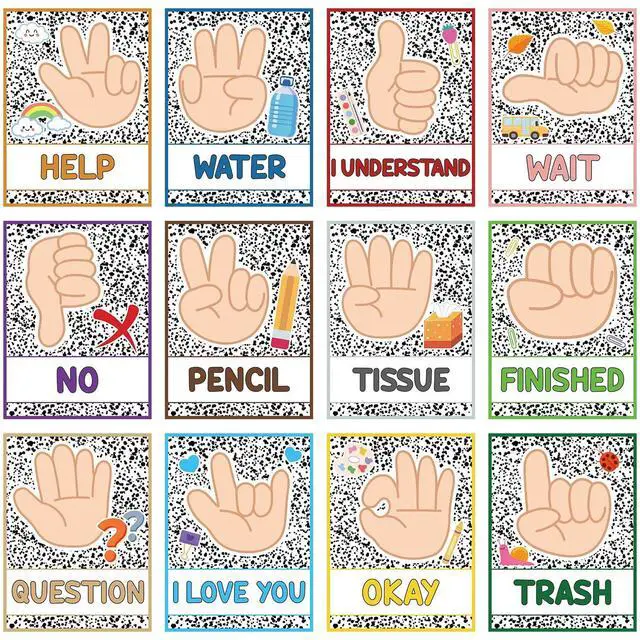 Main image of Abilat 12 Pcs Composition Classroom Hand Signal Posters with Adhesive Mounting Dots Learning Visual Cue Hand Signal Cards for Teachers and Students Classroom Bulletin Board Decor Hand Sign Language Ca
