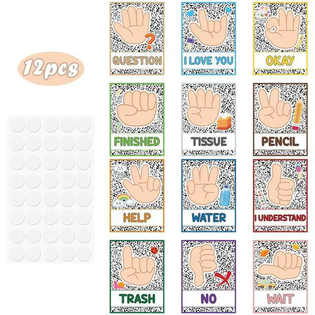 Alt view image 3 of 7 - Abilat 12 Pcs Composition Classroom Hand Signal Posters with Adhesive Mounting Dots Learning Visual Cue Hand Signal Cards for Teachers and Students Classroom Bulletin Board Decor Hand Sign Language Ca