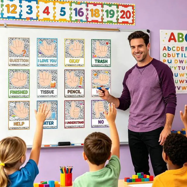 Alt view image 4 of 7 - Abilat 12 Pcs Composition Classroom Hand Signal Posters with Adhesive Mounting Dots Learning Visual Cue Hand Signal Cards for Teachers and Students Classroom Bulletin Board Decor Hand Sign Language Ca