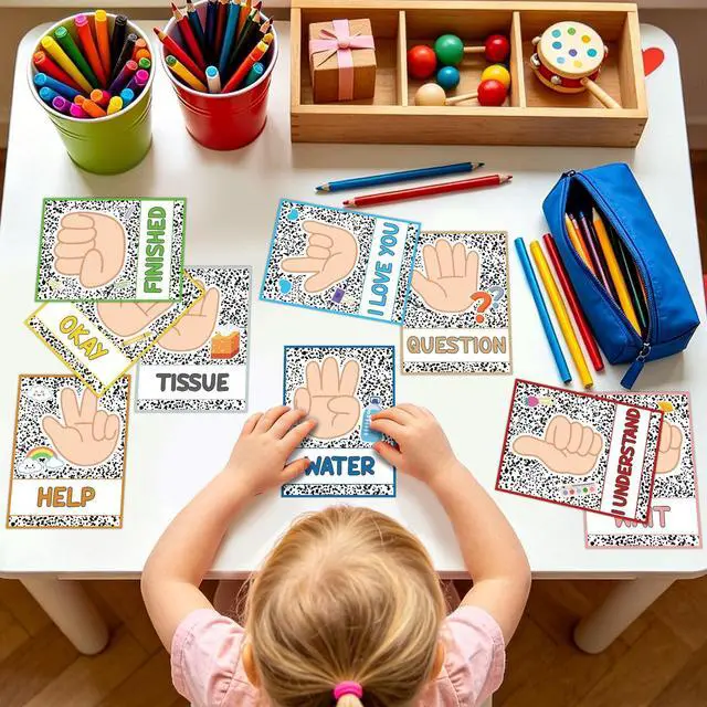 Alt view image 7 of 7 - Abilat 12 Pcs Composition Classroom Hand Signal Posters with Adhesive Mounting Dots Learning Visual Cue Hand Signal Cards for Teachers and Students Classroom Bulletin Board Decor Hand Sign Language Ca