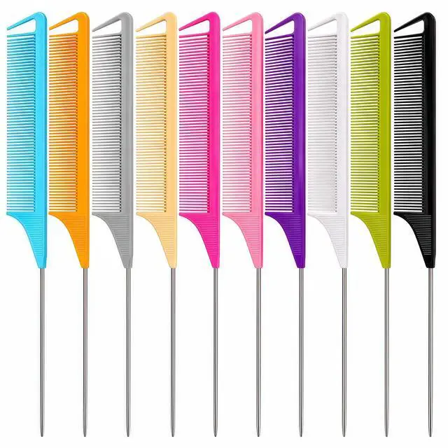 Main image of 10 Packs Rat Tail Combs Metal Pick Styling Parting Lightweight Sectioning Fine Tooth Combs with Heat Resistant Teasing Comb for Women, Men, Girls Hair Styling