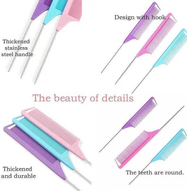 Alt view image 2 of 7 - 10 Packs Rat Tail Combs Metal Pick Styling Parting Lightweight Sectioning Fine Tooth Combs with Heat Resistant Teasing Comb for Women, Men, Girls Hair Styling