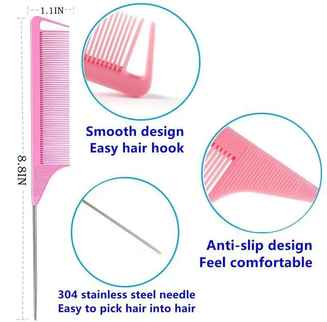 Alt view image 5 of 7 - 10 Packs Rat Tail Combs Metal Pick Styling Parting Lightweight Sectioning Fine Tooth Combs with Heat Resistant Teasing Comb for Women, Men, Girls Hair Styling