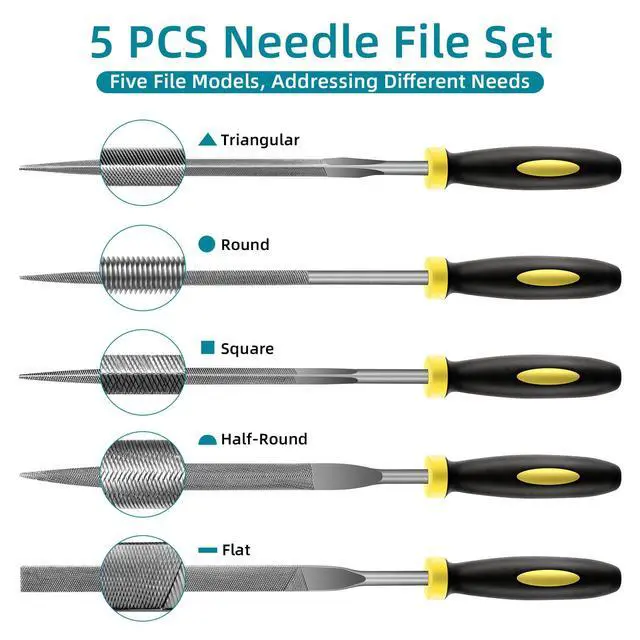 Alt view image 2 of 7 - 5 pcs Metal Needle File Set,Premium Small File Set, Hardened Alloy Strength Steel File Tools Includes Round, Half-Round, Flat, Square, Triangular File for Detail and Precise Work,by XEKIGU