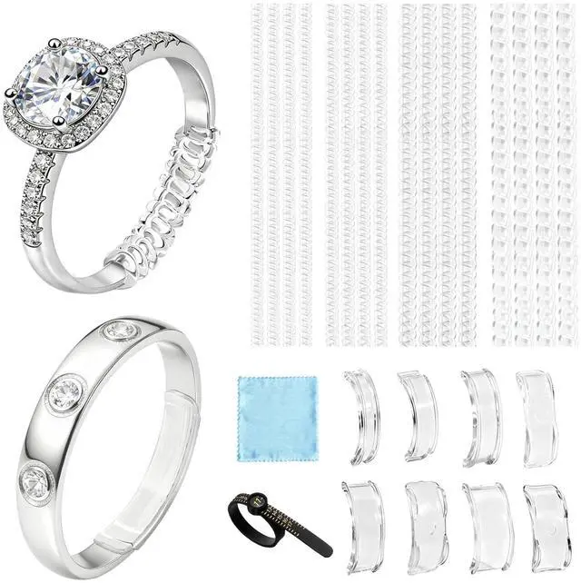 Main image of Ring Sizers for Loose Rings, Invisible Silicone Adjuster All Ring Widths | Spiral Tighteners & Clip On Reducer Strips, Ring Measuring Tool & Polishing Cloth for Wedding Band Engagement Rings
