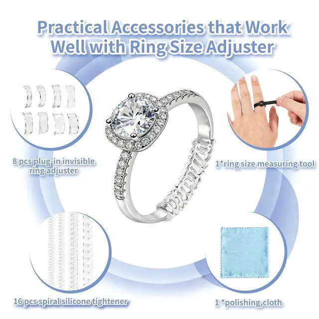 Alt view image 3 of 7 - Ring Sizers for Loose Rings, Invisible Silicone Adjuster All Ring Widths | Spiral Tighteners & Clip On Reducer Strips, Ring Measuring Tool & Polishing Cloth for Wedding Band Engagement Rings