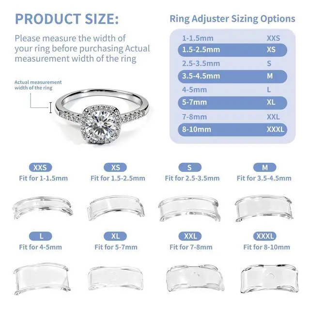 Alt view image 4 of 7 - Ring Sizers for Loose Rings, Invisible Silicone Adjuster All Ring Widths | Spiral Tighteners & Clip On Reducer Strips, Ring Measuring Tool & Polishing Cloth for Wedding Band Engagement Rings