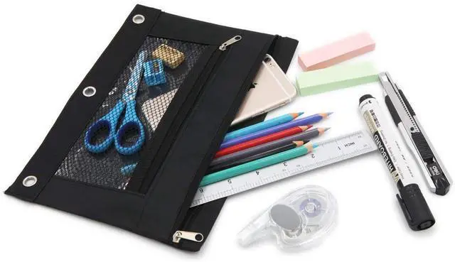 Alt view image 2 of 5 - 3 Ring Binder Pencil Pouchs, Zippered Pencil Pouch Double Pocket Pencil Pouch 3 Ring with Clear Mesh Window (Black 2pack)