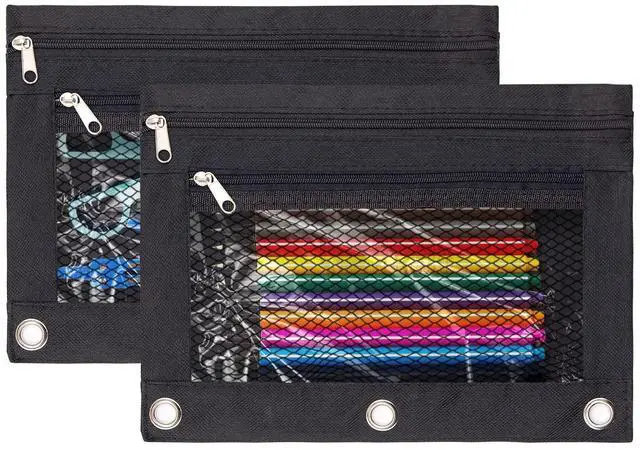 Main image of 3 Ring Binder Pencil Pouchs, Zippered Pencil Pouch Double Pocket Pencil Pouch 3 Ring with Clear Mesh Window (Black 2pack)