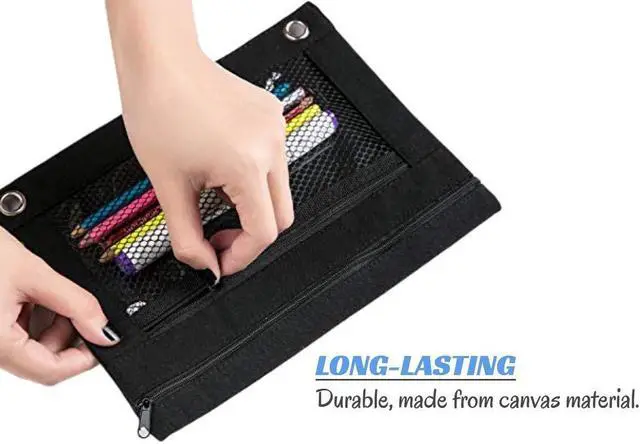 Alt view image 3 of 5 - 3 Ring Binder Pencil Pouchs, Zippered Pencil Pouch Double Pocket Pencil Pouch 3 Ring with Clear Mesh Window (Black 2pack)