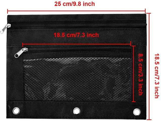 Alt view image 4 of 5 - 3 Ring Binder Pencil Pouchs, Zippered Pencil Pouch Double Pocket Pencil Pouch 3 Ring with Clear Mesh Window (Black 2pack)