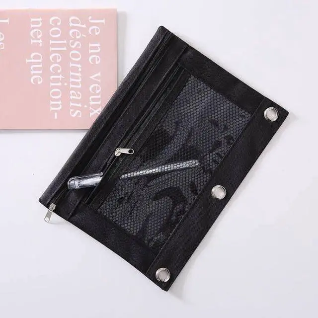Alt view image 5 of 5 - 3 Ring Binder Pencil Pouchs, Zippered Pencil Pouch Double Pocket Pencil Pouch 3 Ring with Clear Mesh Window (Black 2pack)