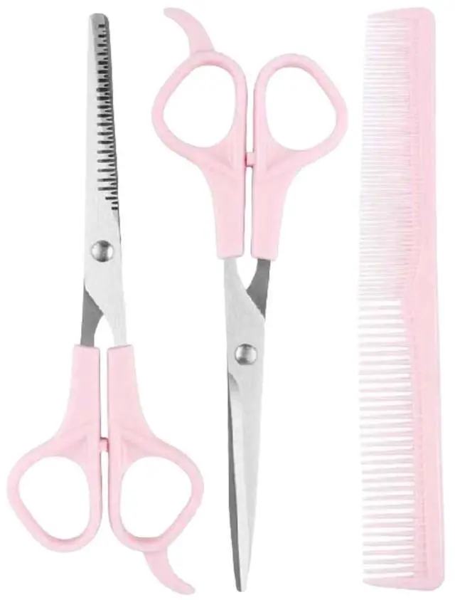 Main image of Pink Stainless Steel Hair Cutting Shears Set - 6.7inch Shear, Thinning Scissor, Comb - Barber Kit for Women/Men/Kids