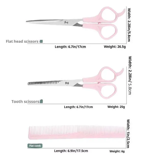 Alt view image 2 of 7 - Pink Stainless Steel Hair Cutting Shears Set - 6.7inch Shear, Thinning Scissor, Comb - Barber Kit for Women/Men/Kids