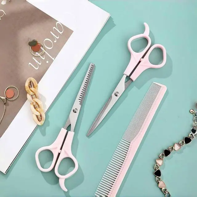 Alt view image 5 of 7 - Pink Stainless Steel Hair Cutting Shears Set - 6.7inch Shear, Thinning Scissor, Comb - Barber Kit for Women/Men/Kids