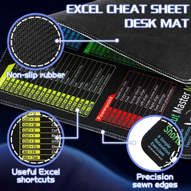 Alt view image 2 of 7 - Excel Cheat Sheet Desk Pad - Mouse Pad - Excel Cheat Sheet Desk Mat, Non-Slip Base Mousepad Suitable for Office, Computer Games, Desk Mat and More (11.8" x 9.84")