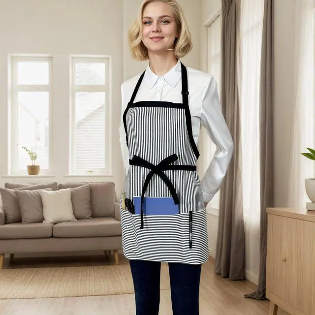 Alt view image 4 of 6 - Corfully Kitchen Aprons for Women with Pockets, Adjustable Server Apron, Aprons for Cooking Men/Women(Black Stripes)