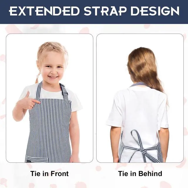 Alt view image 4 of 7 - Stripes Apron for Boys Girls with Side Pocket, Blue, M | Adjustable Neck Strap, Kids Waterproof Aprons for Cooking Baking Painting Crafting Art Gardening, Gift for Little Chef