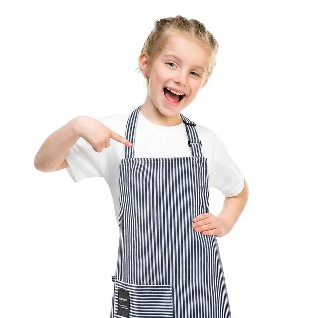 Alt view image 5 of 7 - Stripes Apron for Boys Girls with Side Pocket, Blue, M | Adjustable Neck Strap, Kids Waterproof Aprons for Cooking Baking Painting Crafting Art Gardening, Gift for Little Chef