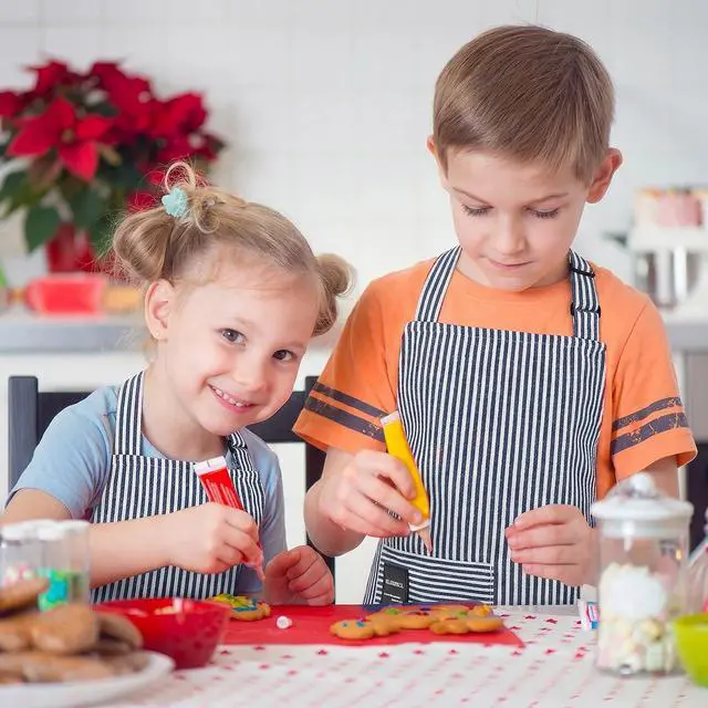 Alt view image 7 of 7 - Stripes Apron for Boys Girls with Side Pocket, Blue, M | Adjustable Neck Strap, Kids Waterproof Aprons for Cooking Baking Painting Crafting Art Gardening, Gift for Little Chef