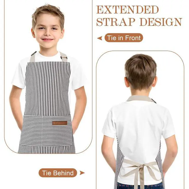 Alt view image 5 of 7 - Stripes Kids Apron, Kids Cooking Aprons with 2 Pockets | Aprons for Cooking,Cleaning,Painting (Grey, 45x48cm)