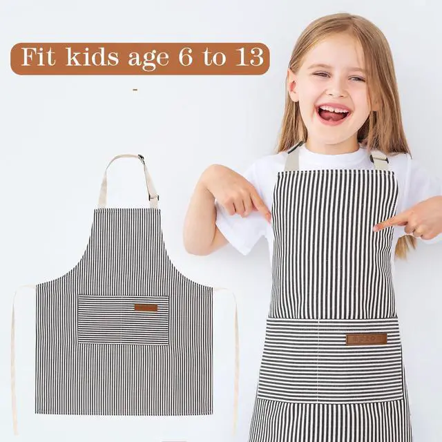 Alt view image 4 of 7 - Stripes Kids Apron, Kids Cooking Aprons with 2 Pockets | Aprons for Cooking,Cleaning,Painting (Grey, 45x48cm)