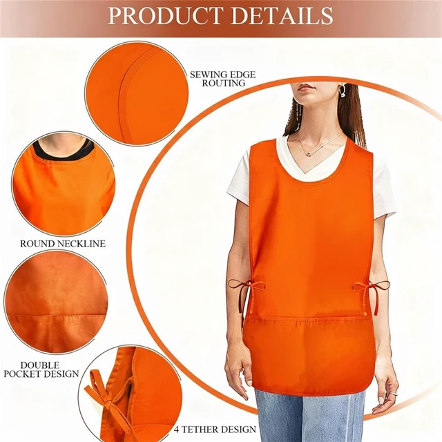 Alt view image 3 of 5 - Smock Apron Cobbler Apron with Side Ties and 2 Deep Pockets Unisex Apron for work kitchen (Orange)