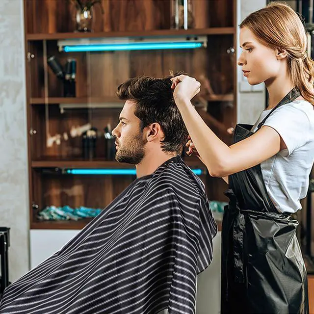Alt view image 6 of 7 - Hair Cutting Cape Professional Barber Cape with Adjustable Neckline | Stripe Hairdresser Apron, Watertight Polyester, Easy Clean, Adjustable Closure, Home Salon Barber Supplies