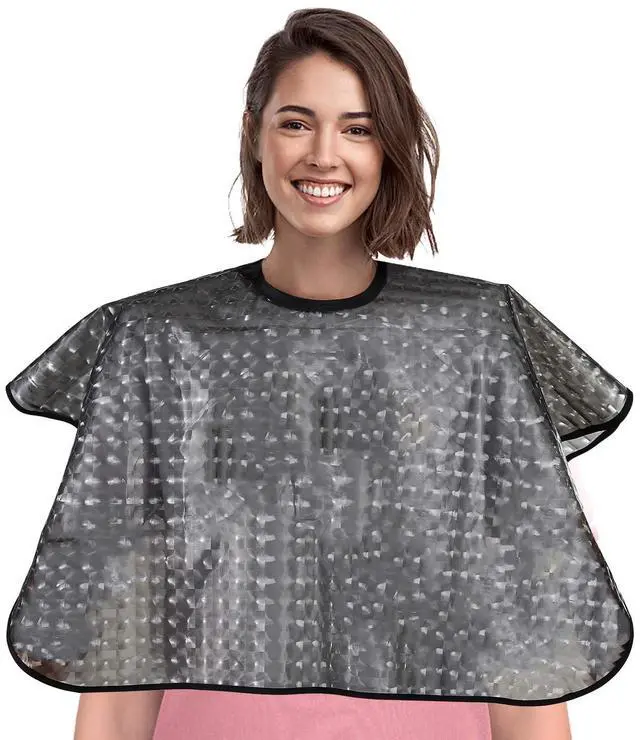 Main image of Short Waterproof Hair Dye Cape, Salon Cover for Hair Color,Shampoo | Bleach & Chemical Proof Plastic Shower Apron for Makeup Artists Comb-out Beard Shaving Bib for Beauty Supplies Black