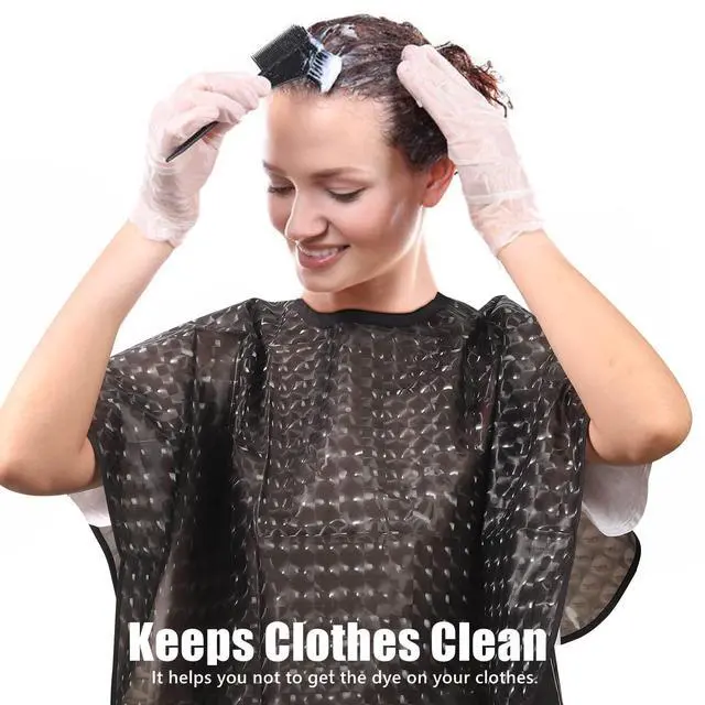 Alt view image 2 of 7 - Short Waterproof Hair Dye Cape, Salon Cover for Hair Color,Shampoo | Bleach & Chemical Proof Plastic Shower Apron for Makeup Artists Comb-out Beard Shaving Bib for Beauty Supplies Black